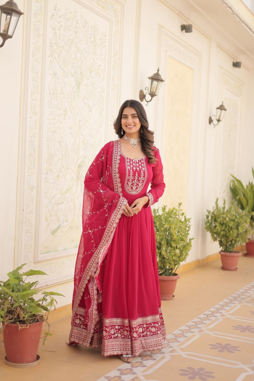 DESIGNER FAUX BLOOMING GOWN WITH SEQUINS EMBROIDERY AND ARCO-CUT DUPATTA