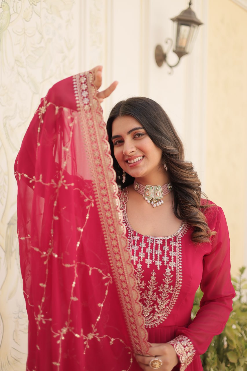 DESIGNER FAUX BLOOMING GOWN WITH SEQUINS EMBROIDERY AND ARCO-CUT DUPATTA