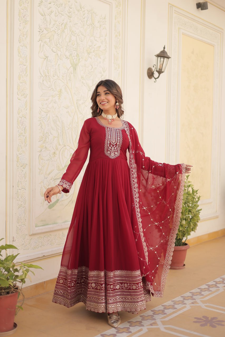 DESIGNER FAUX BLOOMING GOWN WITH SEQUINS EMBROIDERY AND ARCO-CUT DUPATTA