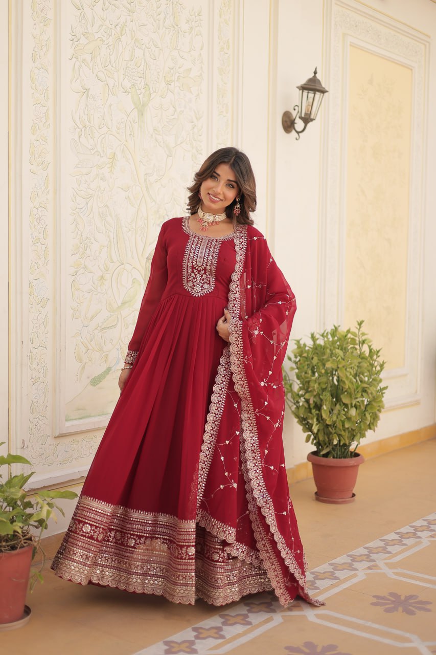 DESIGNER FAUX BLOOMING GOWN WITH SEQUINS EMBROIDERY AND ARCO-CUT DUPATTA