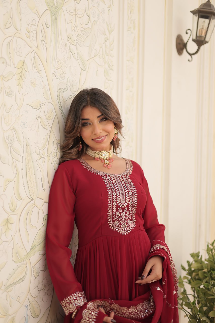 DESIGNER FAUX BLOOMING GOWN WITH SEQUINS EMBROIDERY AND ARCO-CUT DUPATTA