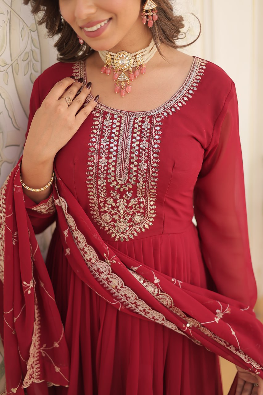 DESIGNER FAUX BLOOMING GOWN WITH SEQUINS EMBROIDERY AND ARCO-CUT DUPATTA