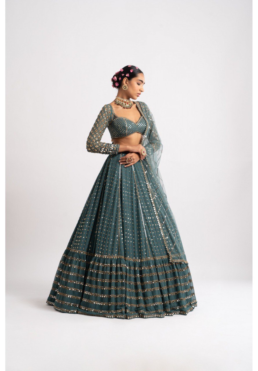 BOTTLE GREEN FAUX GEORGETTE DESIGNER LEHENGA SET WITH MULTI-SIZE SEQUINS & JARI EMBROIDERY