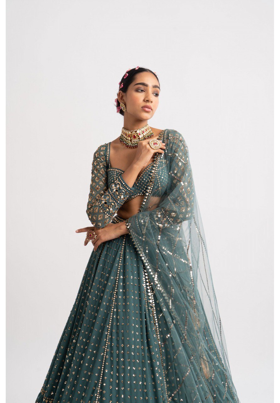 BOTTLE GREEN FAUX GEORGETTE DESIGNER LEHENGA SET WITH MULTI-SIZE SEQUINS & JARI EMBROIDERY