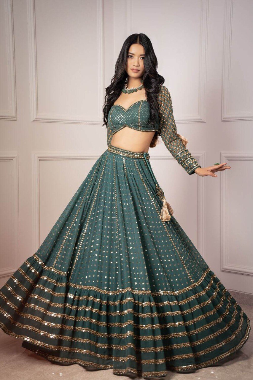 BOTTLE GREEN FAUX GEORGETTE DESIGNER LEHENGA SET WITH MULTI-SIZE SEQUINS & JARI EMBROIDERY