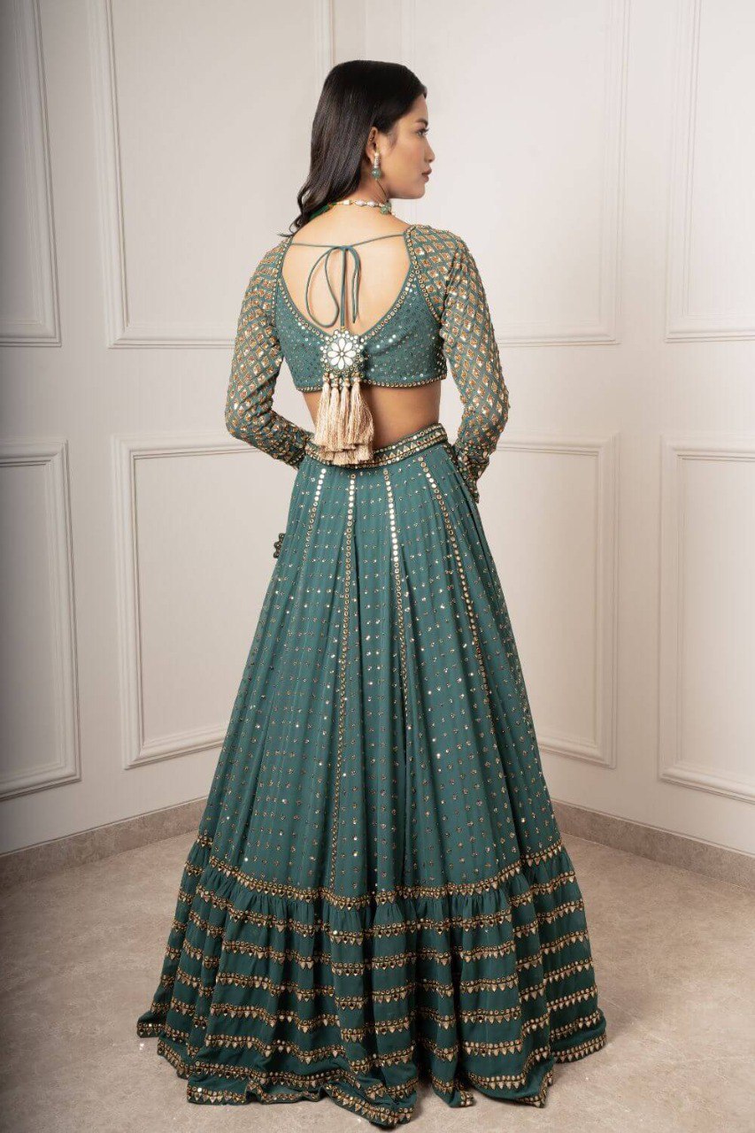 BOTTLE GREEN FAUX GEORGETTE DESIGNER LEHENGA SET WITH MULTI-SIZE SEQUINS & JARI EMBROIDERY