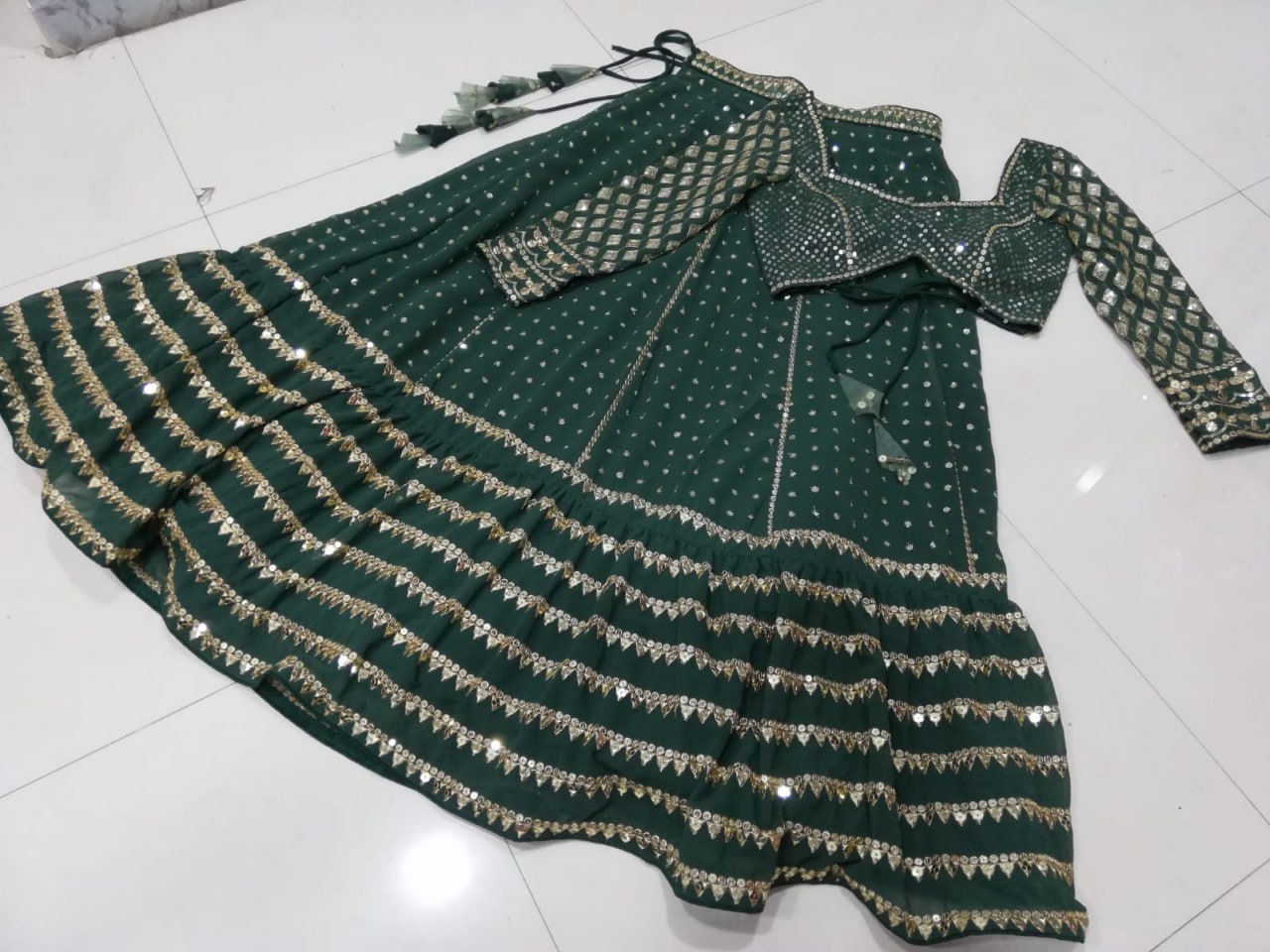 BOTTLE GREEN FAUX GEORGETTE DESIGNER LEHENGA SET WITH MULTI-SIZE SEQUINS & JARI EMBROIDERY