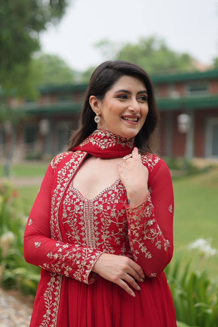 FAUX BLOOMING DESIGNER GOWN WITH SEQUINS & ZARI EMBROIDERED DUPATTA