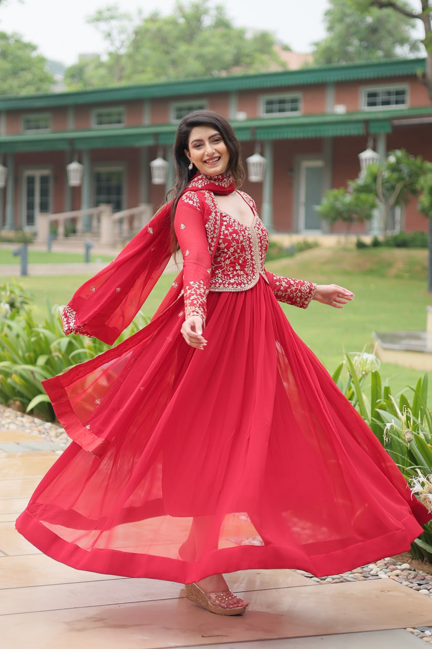 FAUX BLOOMING DESIGNER GOWN WITH SEQUINS & ZARI EMBROIDERED DUPATTA