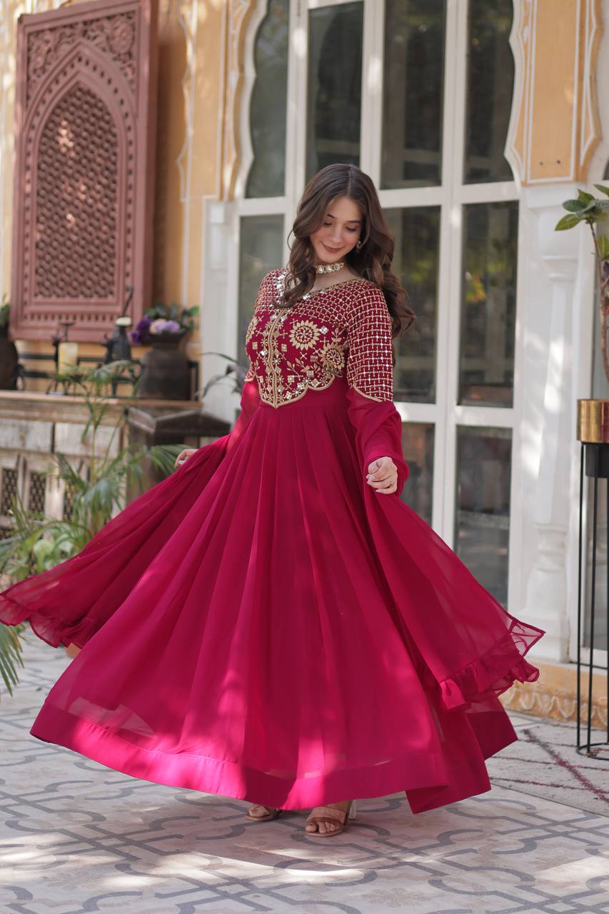 STYLISH FAUX BLOOMING GEORGETTE EMBROIDERED GOWN WITH DESIGNER DUPATTA FOR WOMEN