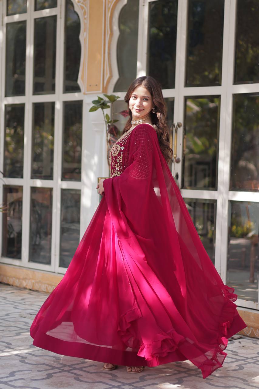 STYLISH FAUX BLOOMING GEORGETTE EMBROIDERED GOWN WITH DESIGNER DUPATTA FOR WOMEN