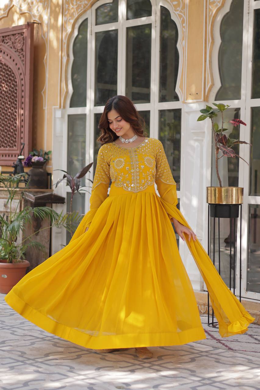 STYLISH FAUX BLOOMING GEORGETTE EMBROIDERED GOWN WITH DESIGNER DUPATTA FOR WOMEN