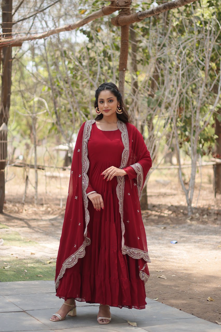 ELEGANT DESIGNER FAUX GEORGETTE GOWN WITH SEQUIN EMBROIDERED DUPATTA