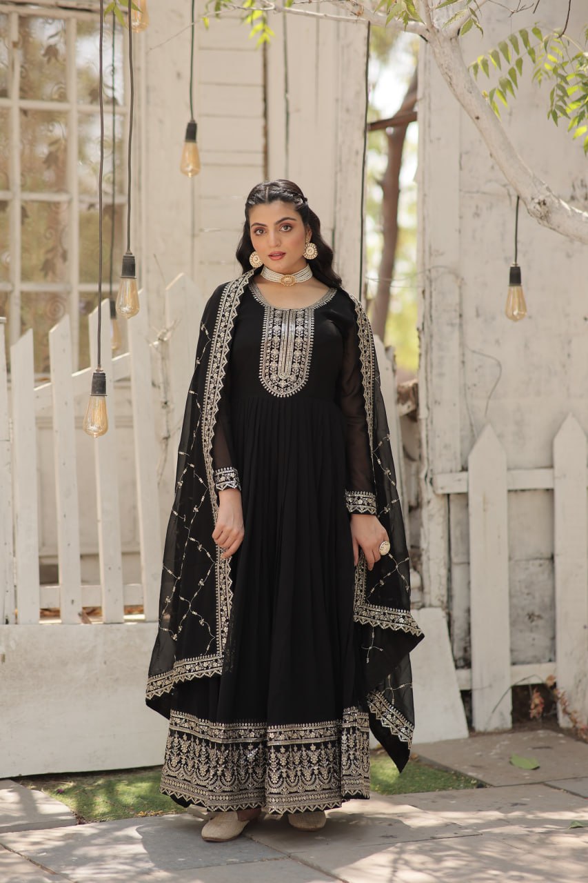 DESIGNER FAUX BLOOMING GOWN WITH SEQUINS EMBROIDERY AND ARCO-CUT DUPATTA