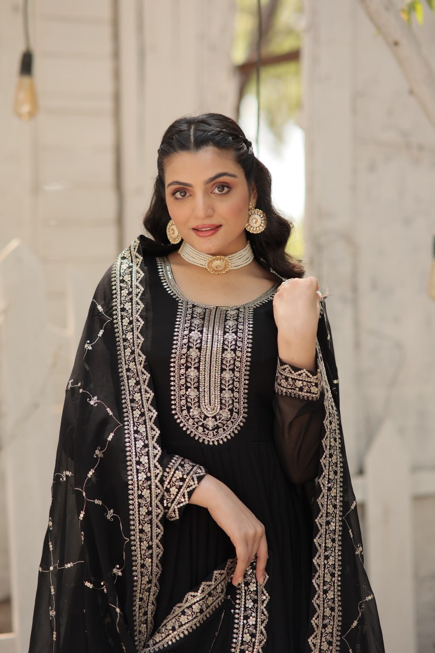 DESIGNER FAUX BLOOMING GOWN WITH SEQUINS EMBROIDERY AND ARCO-CUT DUPATTA