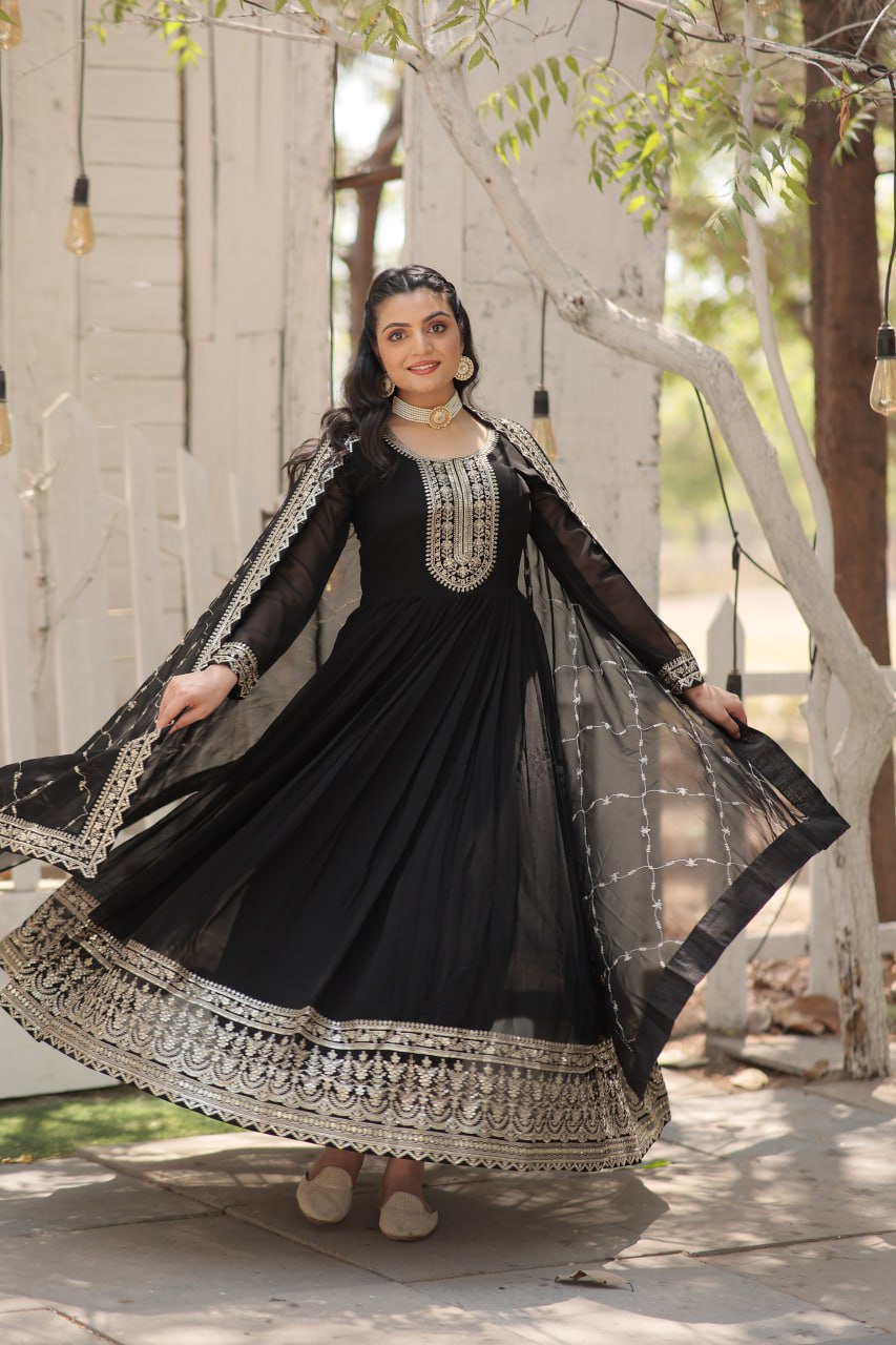 DESIGNER FAUX BLOOMING GOWN WITH SEQUINS EMBROIDERY AND ARCO-CUT DUPATTA