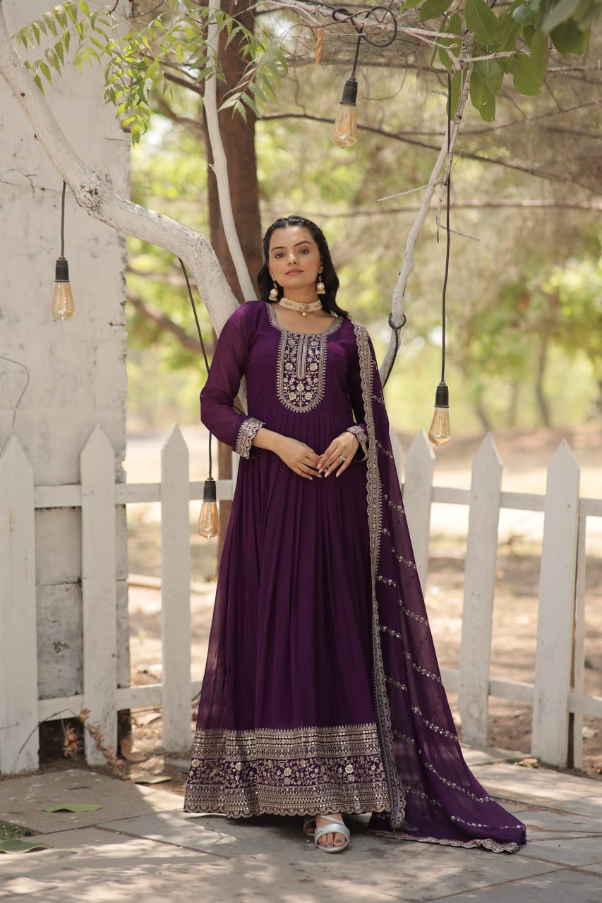 DESIGNER FAUX BLOOMING GOWN WITH SEQUINS EMBROIDERY AND ARCO-CUT DUPATTA