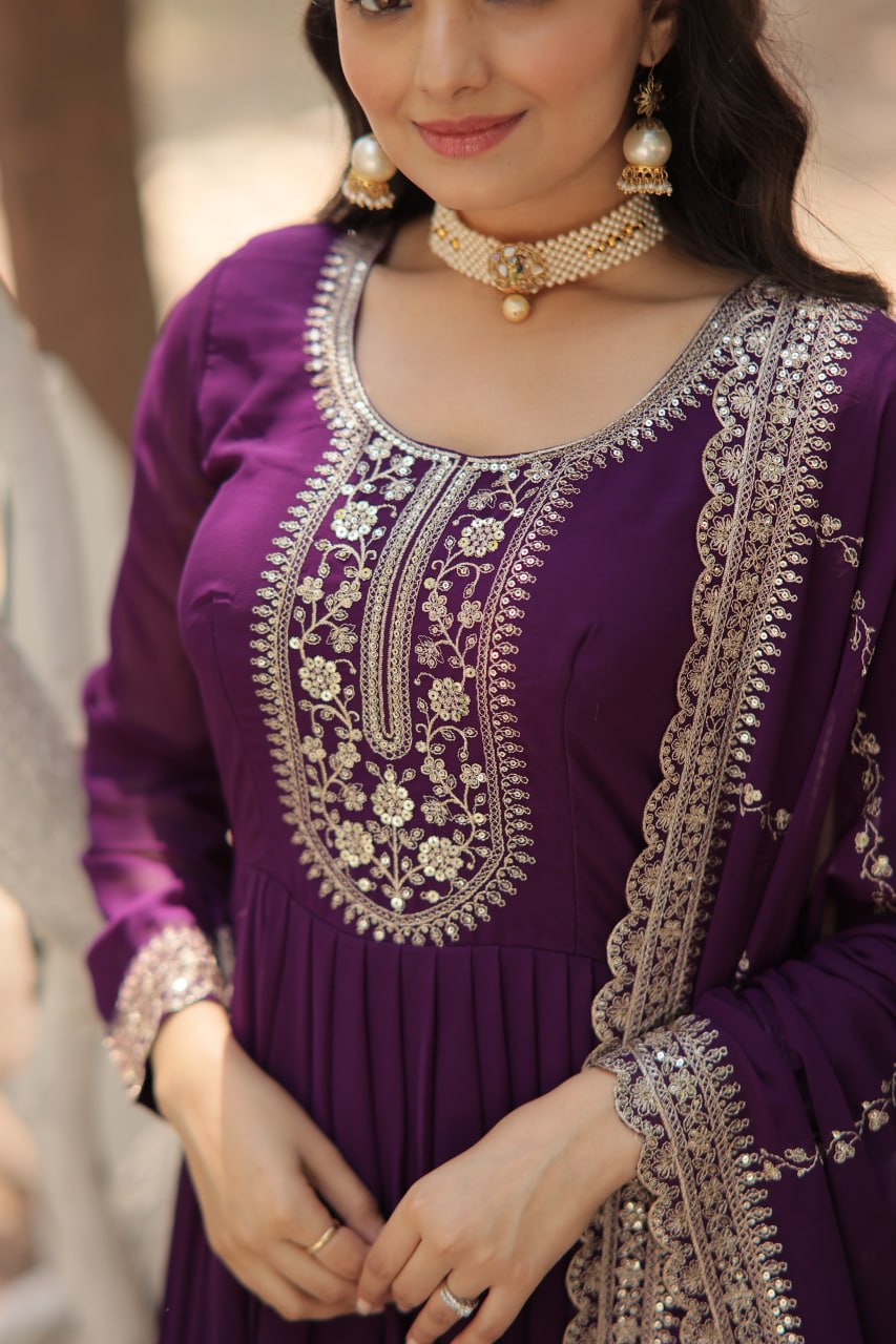 DESIGNER FAUX BLOOMING GOWN WITH SEQUINS EMBROIDERY AND ARCO-CUT DUPATTA