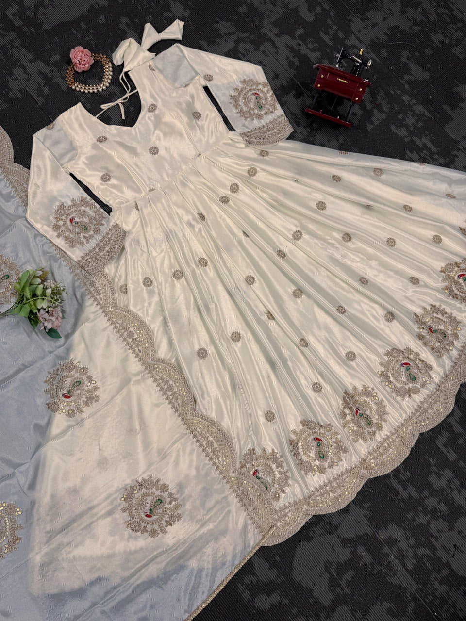 BUY STUNNING DESIGNER GOWN IN CHINON SILK WITH SEQUINS & CODING WORK – INCLUDES MATCHING DUPATTA