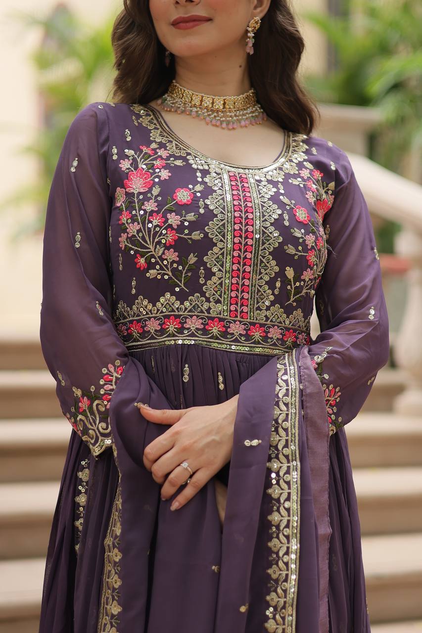 DESIGNER FAUX GEORGETTE KURTI SHARARA SET WITH SEQUINS EMBROIDERED DUPATTA