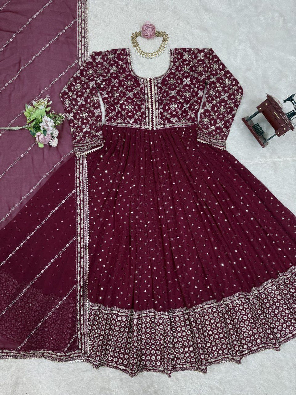 FAUX GEORGETTE DESIGNER TOP WITH SEQUIN & THREAD WORK – INCLUDES MATCHING DUPATTA