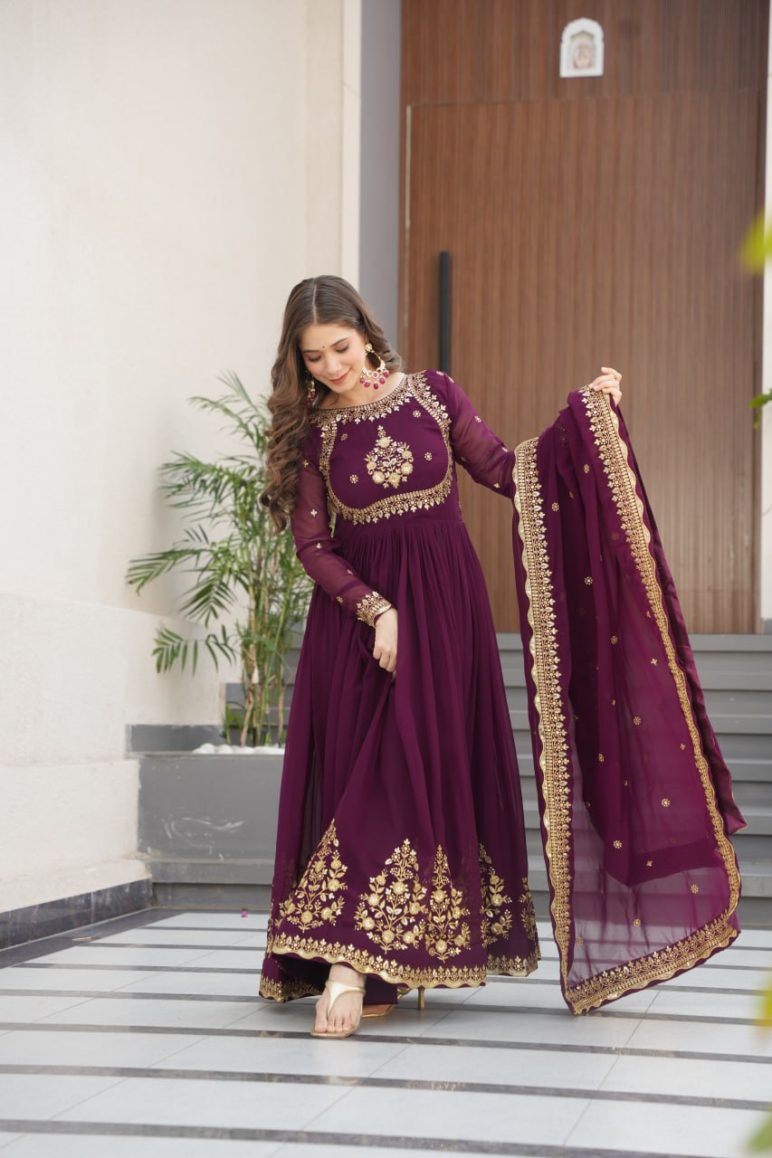 FAUX BLOOMING GEORGETTE EMBROIDERED GOWN WITH DESIGNER SEQUINS DUPATTA FOR WOMEN