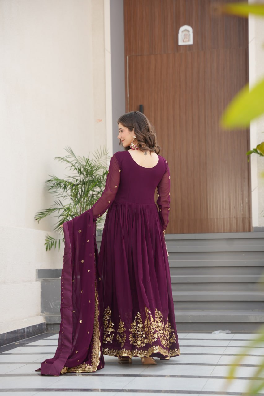FAUX BLOOMING GEORGETTE EMBROIDERED GOWN WITH DESIGNER SEQUINS DUPATTA FOR WOMEN