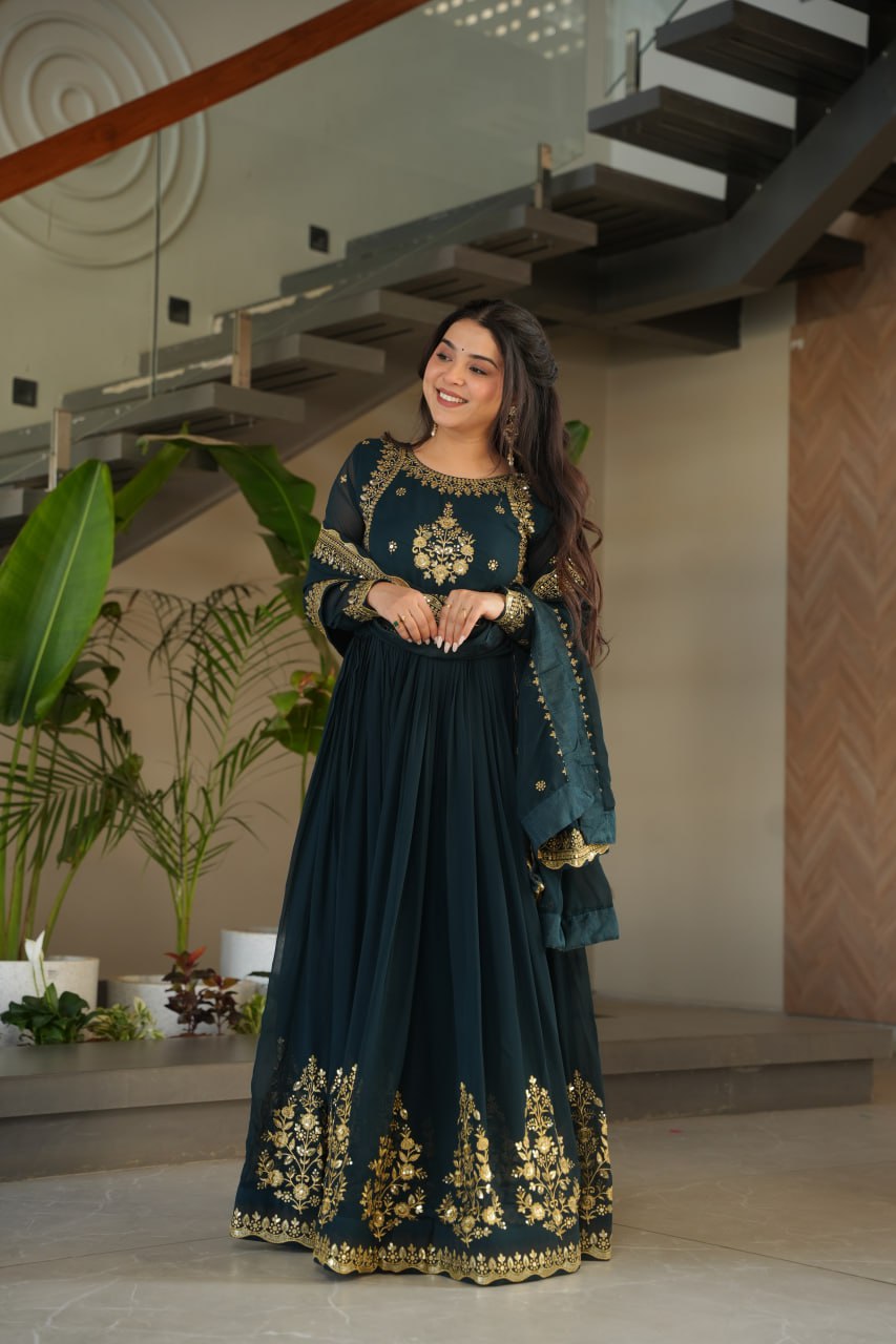 FAUX BLOOMING GEORGETTE EMBROIDERED GOWN WITH DESIGNER SEQUINS DUPATTA FOR WOMEN