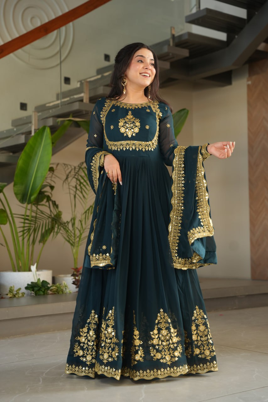 FAUX BLOOMING GEORGETTE EMBROIDERED GOWN WITH DESIGNER SEQUINS DUPATTA FOR WOMEN