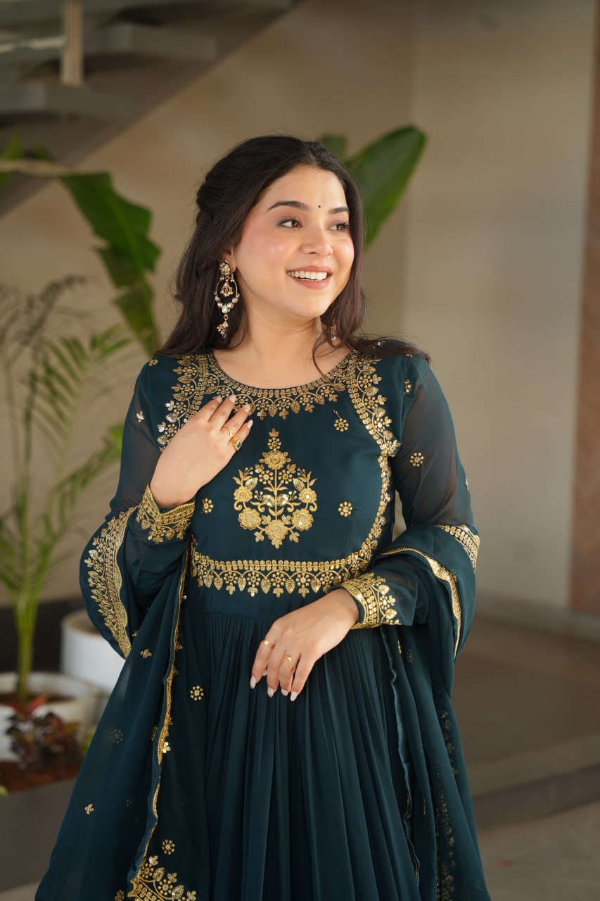 FAUX BLOOMING GEORGETTE EMBROIDERED GOWN WITH DESIGNER SEQUINS DUPATTA FOR WOMEN
