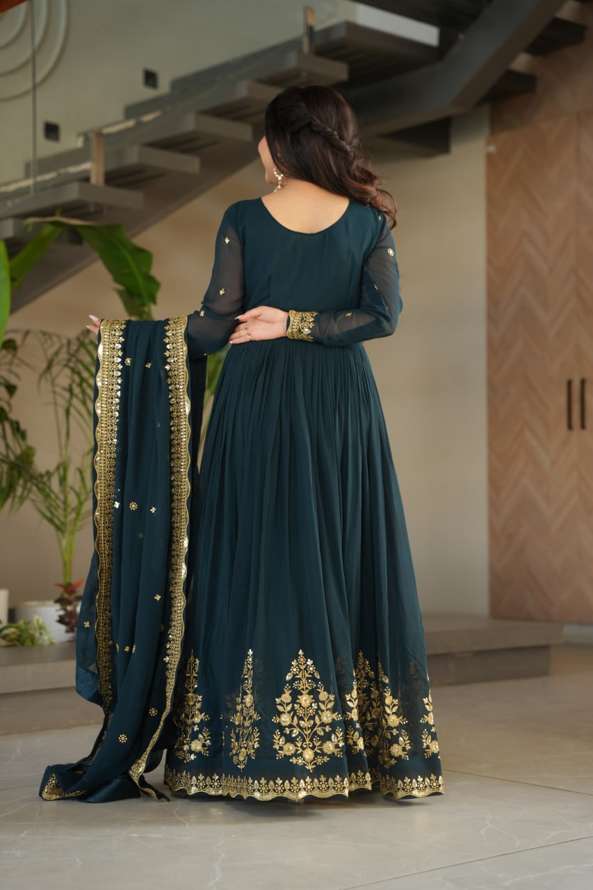 FAUX BLOOMING GEORGETTE EMBROIDERED GOWN WITH DESIGNER SEQUINS DUPATTA FOR WOMEN