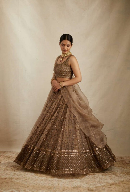 DESIGNER NET LEHENGA SET WITH SEQUINS & JARI EMBROIDERY