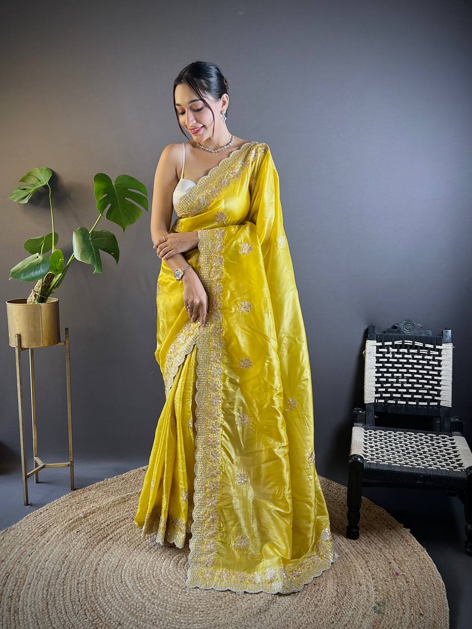 EXCLUSIVE GOLD CRUNCHY DESIGNER SAREE WITH STUNNING EMBROIDERY & CUTWORK BORDER