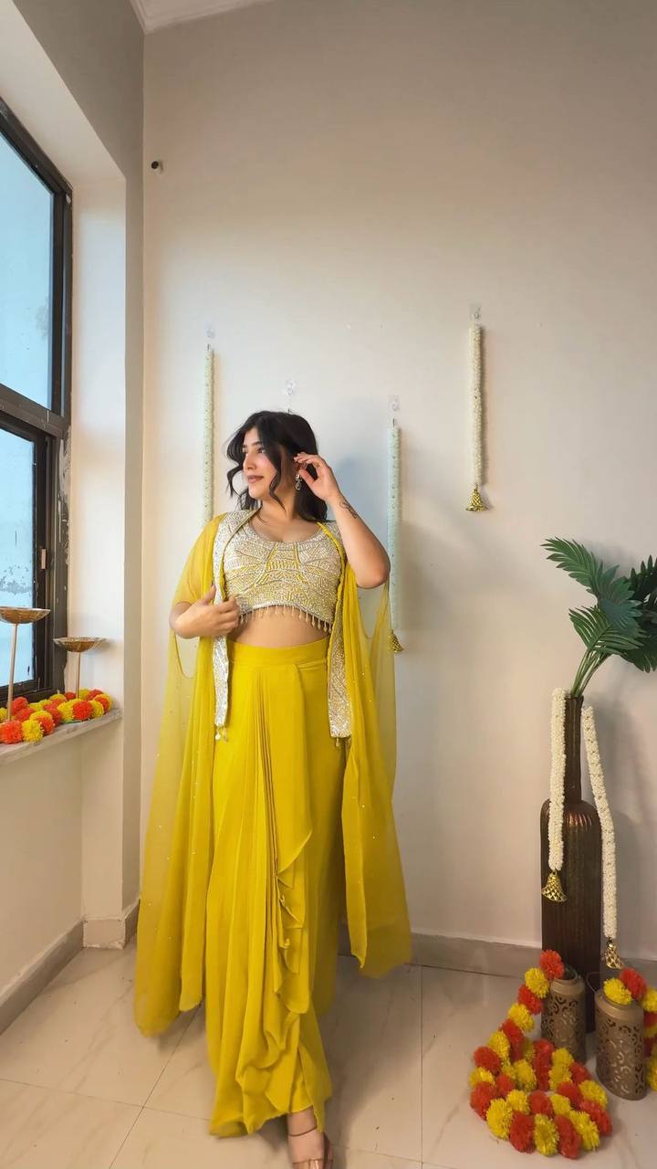 NEW DESIGNER INDO-WESTERN THREE PIECE READY TO WEAR DHOTI SET WITH BLOUSE & KOTI