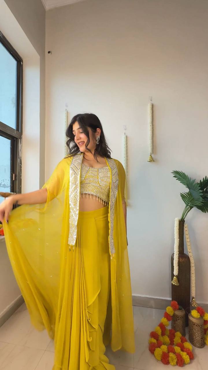 NEW DESIGNER INDO-WESTERN THREE PIECE READY TO WEAR DHOTI SET WITH BLOUSE & KOTI