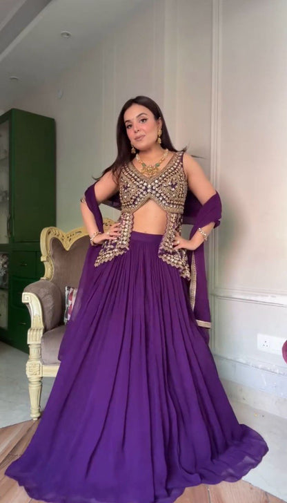 DESIGNER FOUX GEORGETTE LEHENGA SET WITH SEQUINS WORK AND FANCY LACE DUPATTA