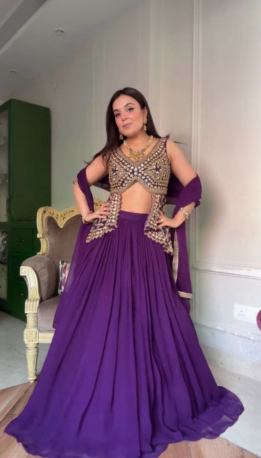 DESIGNER FOUX GEORGETTE LEHENGA SET WITH SEQUINS WORK AND FANCY LACE DUPATTA