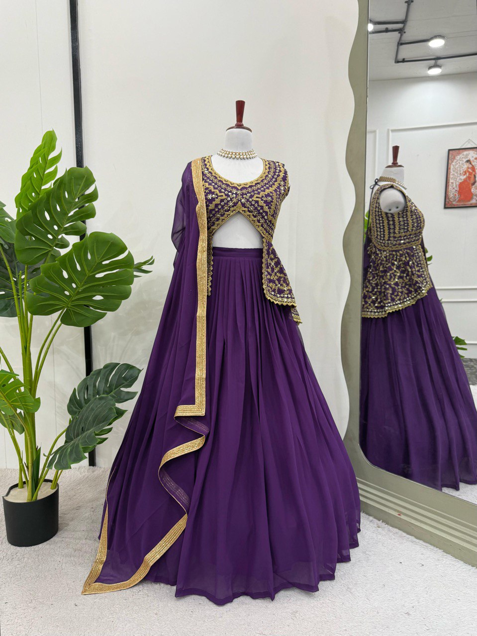 DESIGNER FOUX GEORGETTE LEHENGA SET WITH SEQUINS WORK AND FANCY LACE DUPATTA