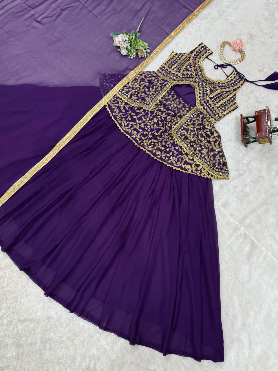 DESIGNER FOUX GEORGETTE LEHENGA SET WITH SEQUINS WORK AND FANCY LACE DUPATTA