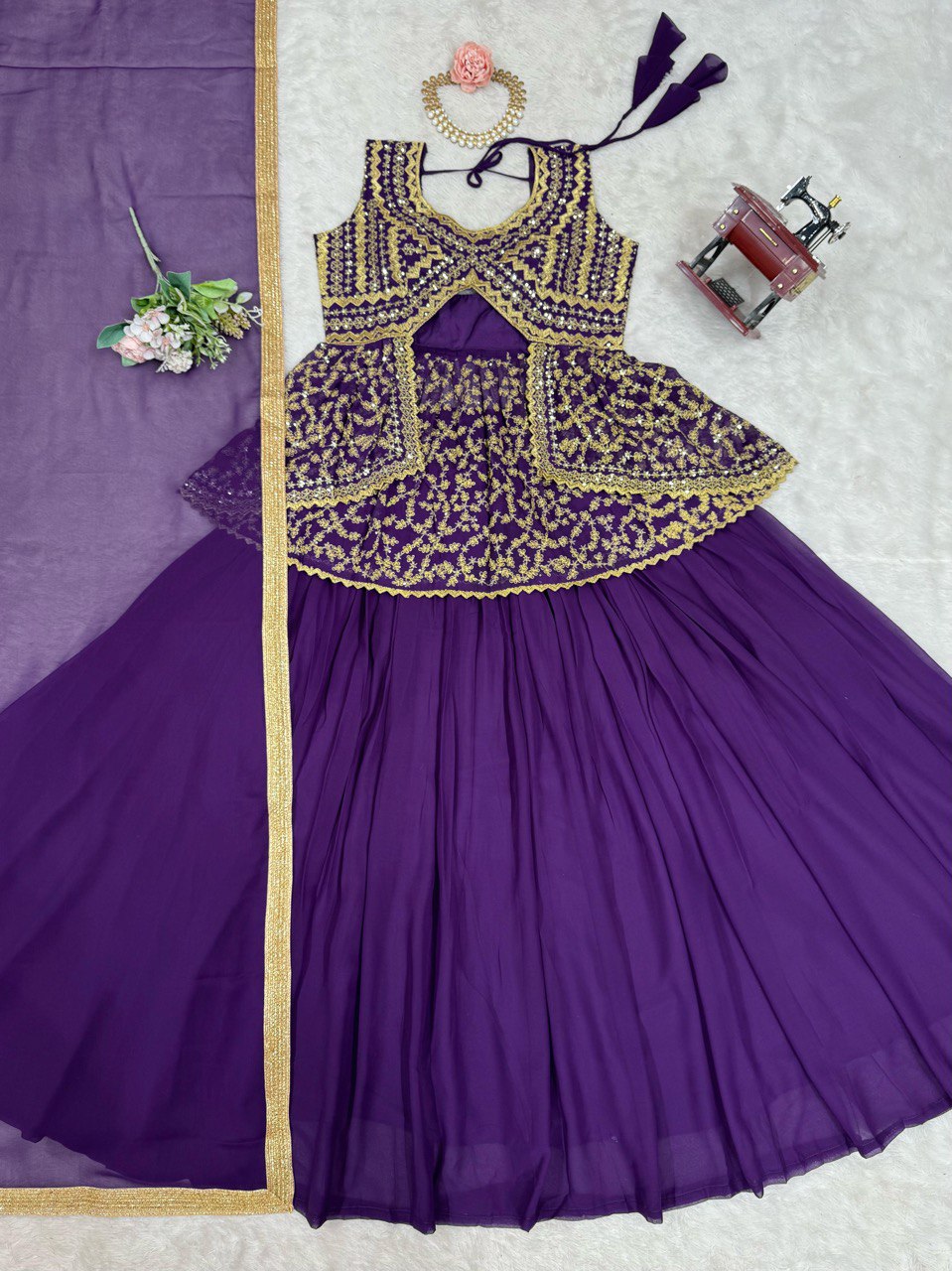 DESIGNER FOUX GEORGETTE LEHENGA SET WITH SEQUINS WORK AND FANCY LACE DUPATTA
