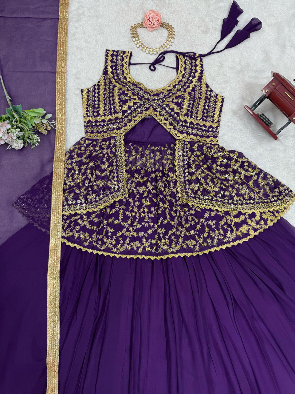 DESIGNER FOUX GEORGETTE LEHENGA SET WITH SEQUINS WORK AND FANCY LACE DUPATTA