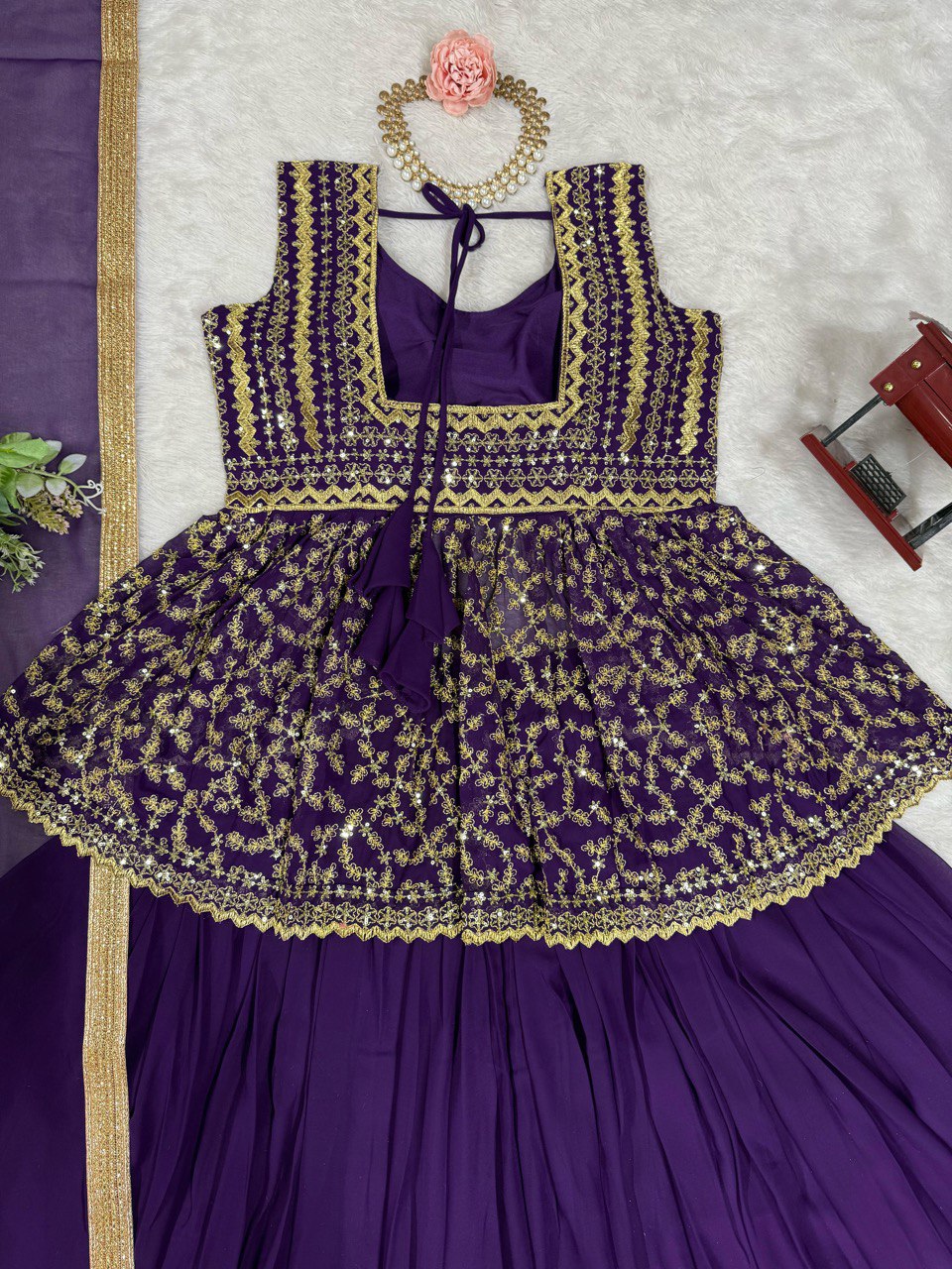DESIGNER FOUX GEORGETTE LEHENGA SET WITH SEQUINS WORK AND FANCY LACE DUPATTA
