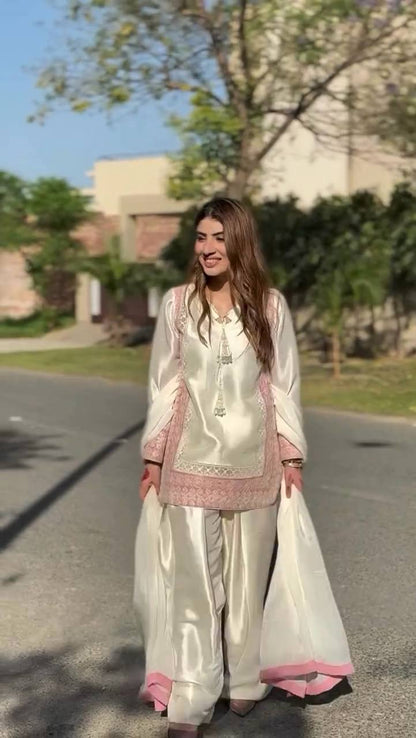 TRENDING ROMAN SILK KURTA AND FARSHI SALWAAR SET WITH EMBROIDERED GEORGETTE DUPATTA