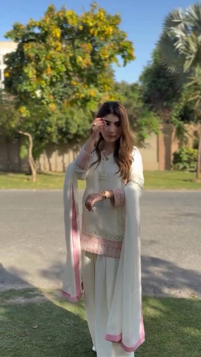 TRENDING ROMAN SILK KURTA AND FARSHI SALWAAR SET WITH EMBROIDERED GEORGETTE DUPATTA