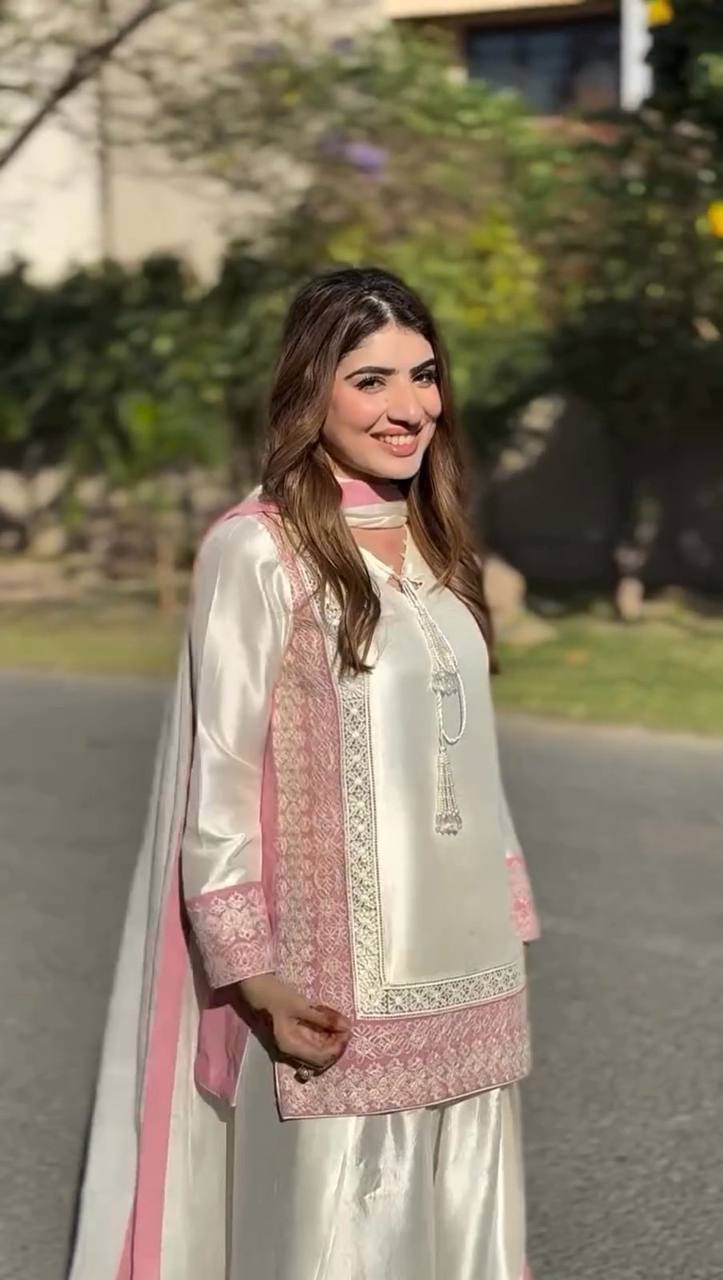 TRENDING ROMAN SILK KURTA AND FARSHI SALWAAR SET WITH EMBROIDERED GEORGETTE DUPATTA