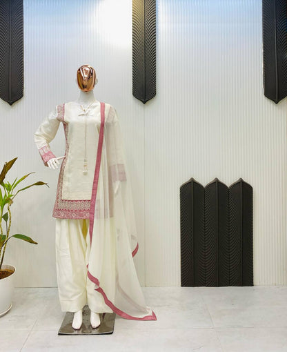 TRENDING ROMAN SILK KURTA AND FARSHI SALWAAR SET WITH EMBROIDERED GEORGETTE DUPATTA