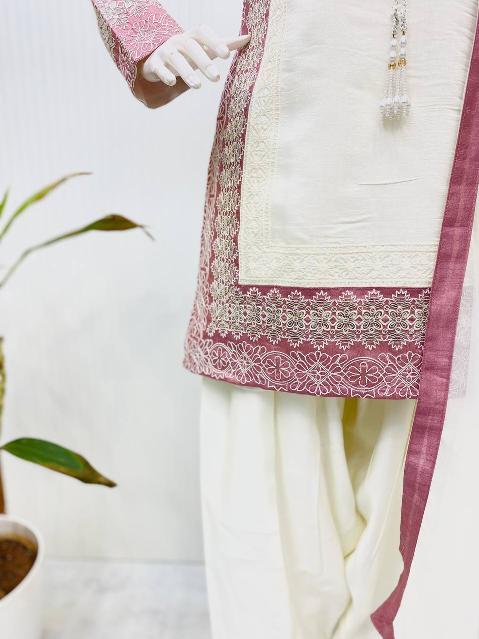 TRENDING ROMAN SILK KURTA AND FARSHI SALWAAR SET WITH EMBROIDERED GEORGETTE DUPATTA