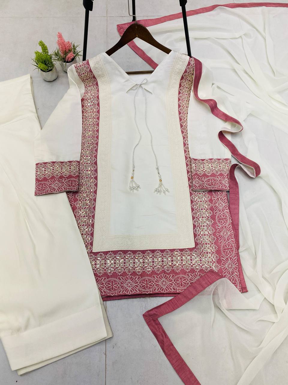 TRENDING ROMAN SILK KURTA AND FARSHI SALWAAR SET WITH EMBROIDERED GEORGETTE DUPATTA