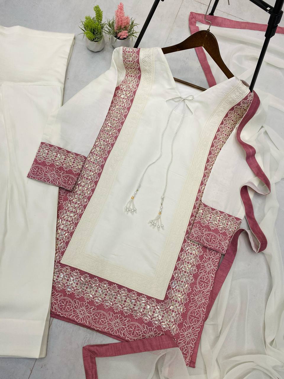 TRENDING ROMAN SILK KURTA AND FARSHI SALWAAR SET WITH EMBROIDERED GEORGETTE DUPATTA