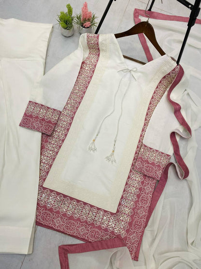 TRENDING ROMAN SILK KURTA AND FARSHI SALWAAR SET WITH EMBROIDERED GEORGETTE DUPATTA